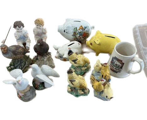 Selection of miscellaneous to include vintage porcelain piggy banks, piano babies and bird figures