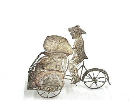 Chinese silver Filigree figures on Rickshaws - measures approximately 3 inches tall 