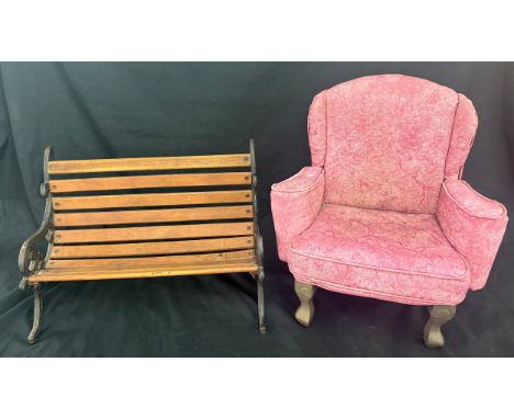 Miniature Garden bench, upholstered armchair, largest piece measures approximately Width 15.5 inches, height 10 inches, depth