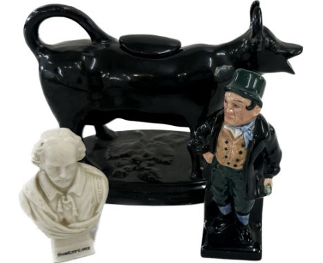 Three vintage collectable items to include a cow creamer, miniature Shakespeare bust and a Royal Doulton Bill Sikes figure