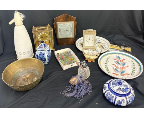 Selection of collectables to include carriage clocks, marbles, Denby plates, Soda Syphon, brass oriental bowl etc