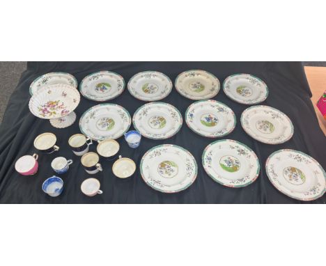 Antique 12 Spode plates + Derby cups and saucers, compound and a selection of assorted pottery
