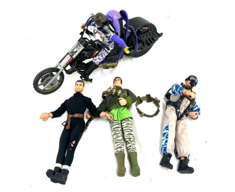 Selection of vintage action men figures dated 1996, 94, and a 1997 action man toxic gut Dr x motorbike and action man