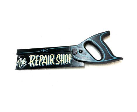Vintage saw, hand painted advertising piece, The repair shop, approximate measurements: 15.5 x 5 inches