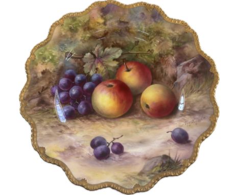 Royal Worcester porcelain plate, circa 1924, painted by T Lockyer with peaches and grapes, signed, painted and printed marks,