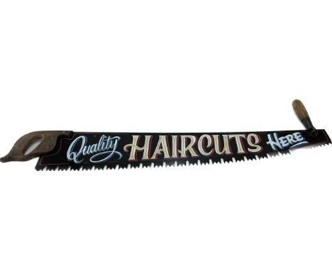 Vintage saw advertising piece, hand painted  quality haircuts here, overall length 41 inches