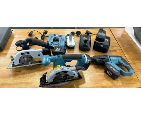 Three power tools Erbauer EN13495DS and a Erbauer ERE190CSW, Macallister 18V circular saw with battery and charger, in workin
