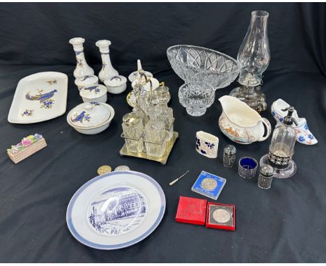 Selection of miscellaneous to include a vintage oil lamp, glassware, coins, porcelain etc