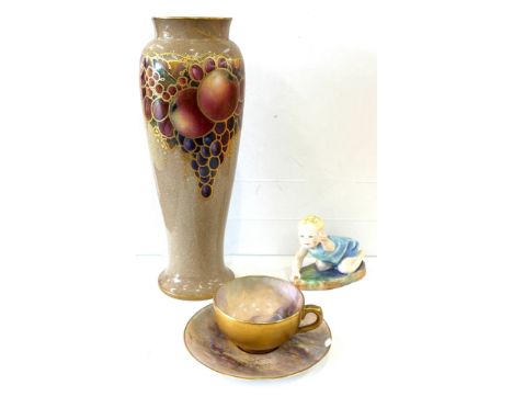 Three Pieces of Royal Worcester includes Michael, vase, cup and saucer sheep scene, all damaged