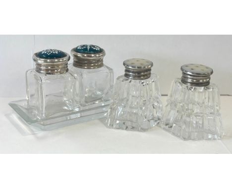 2 Pair of salts,  1 pair enamel lidded jars