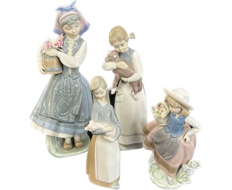 Selection of Lladro figures to include girls collecting flowers, two girls petting a lamb and a piglet, tallest measures appr