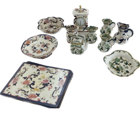 Selection of vintage Masons items to include a clock, jugs, plate mats, etc