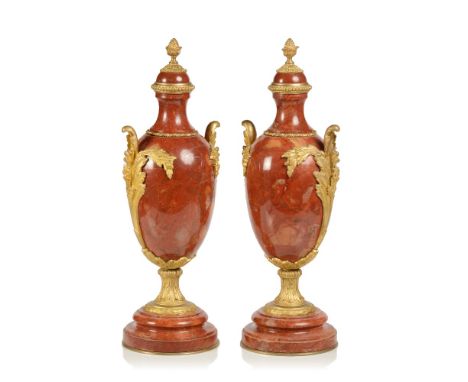 A pair of cassolettesRed marbleApplied gilt, moulded and chiselled bronze foliage decorative elementsFrance, 19th century Hei