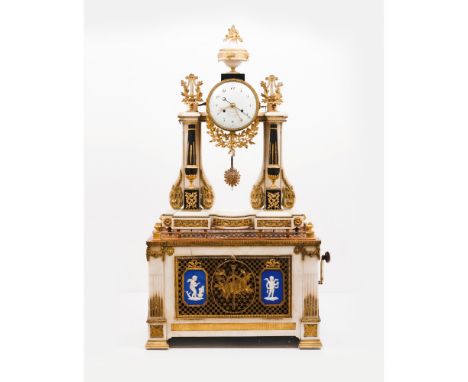 An important Louis XVI "pendule portique" by Robert & CourvoisierWhite and black marbleChiselled and gilt bronze  mounts, sur