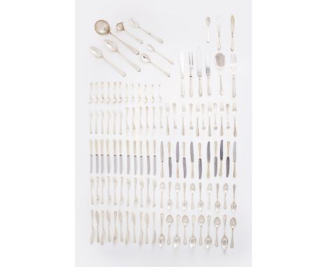 A part cutlery set for 24 coversSilver 833/000Comprising of 16 serving utensils24 soup spoons, 24 meat knives, 23 meat forks,