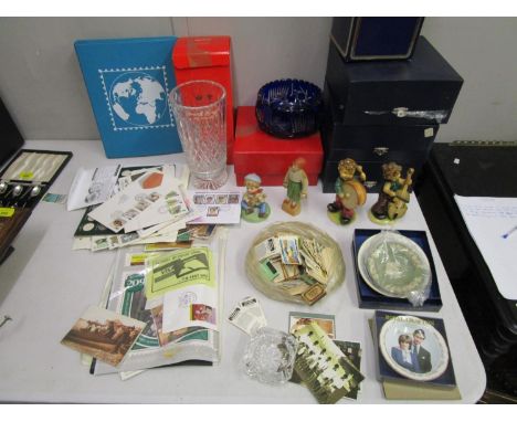 A mixed lot to include an unused metal framed chandelier with detached drops, First Day covers and other stamps, glassware, S
