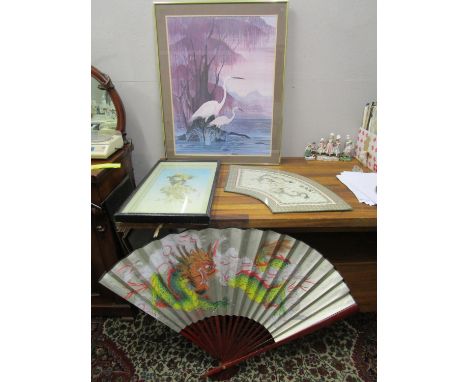 Oriental collectibles to include a Hero Nim print, a Chinese embroidered panel, a painted fan and a composition panel, glazed