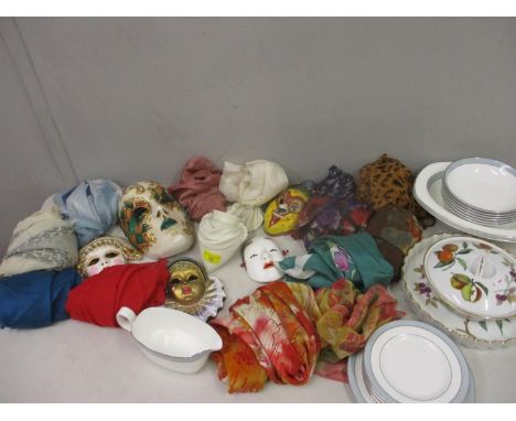 A Worcester wall hanging vase, a selection of wall hanging masks and other items to include vintage scarves 