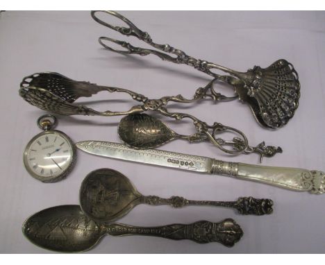 A mixed lot to include white metal cutlery, a silver knife and a ladies fob watch 