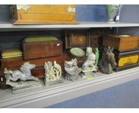 A mixed lot to include a barometer, a 19th century work box, a wall clock and other items 