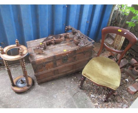 A mixed lot to include a 19th century dining chair, a stick stand, a twin handled trunk and a gateleg table 