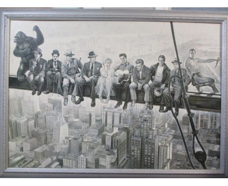 After R Casaro - a New York skyline with various film characters of an RSJ print, 39" x 27", framed 