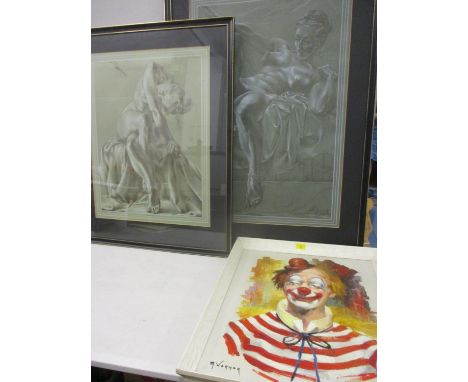 Three pictures to include M Warner - a portrait of a clown and two limited edition nude portraits 