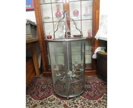 A large metal framed and glass centre light with six branches, 43" h, excluding the chain 