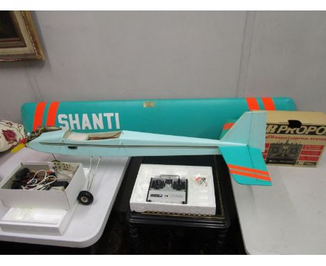 A radio controlled Shanti aeroplane with a petrol engine and a MacGregor controller 