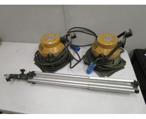 Two Ianebeam 2kw Industrial lights for decorative purposes only with a tripod and a satinwood finished and caned chest 