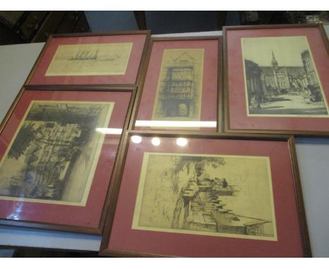 Five mixed early 20th century engravings to include R E Howarth engravings depicting a street scene 