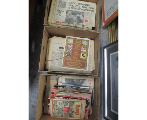 A collection of newspapers and comics to include The First Day of The Sun and others 