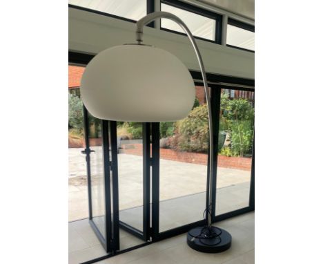 A large contemporary floor standing arc lamp on a granite base with chrome arm and white shade H212cm 