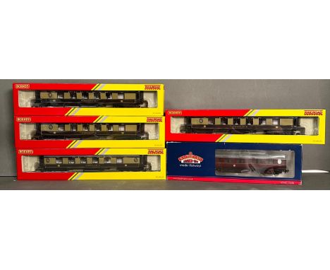 A selection of four Hornby carriages and one Bachmann, boxed 