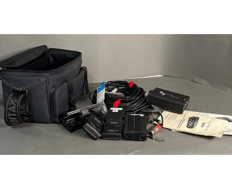 A selection of sound recording equipment to include Senheiser microphone packs, various cables and a train microphone 