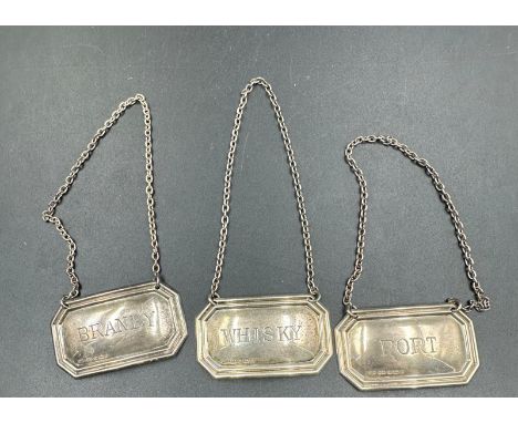Three silver decanter labels, hallmarked for Birmingham 2004 Bandy, Port and Whiskey 