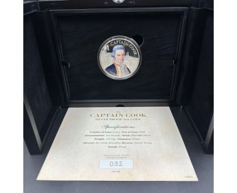 The Captain Cook 5oz silver proof coin, boxed and in an easel backed frame 