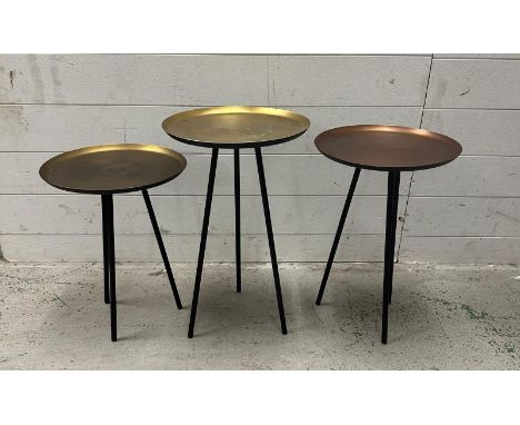 Three tripod side tables with brass and copper effect (H51cm Dia31cm)