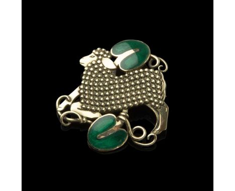 Gold and green enamel, numbered ‘765’, stamped ‘18K’ and with Jensen mark (Dimensions: The brooch approximately 14.8 grams (i