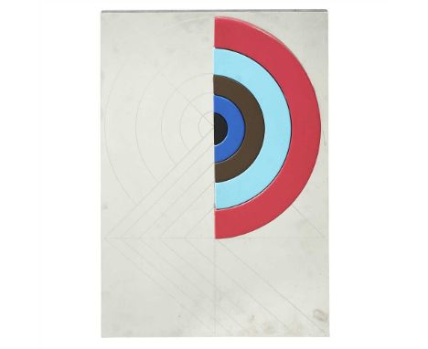 Signed and numbered 11/100 (to reverse), painted wood elements in relief on stainless steel panel with incised linear pattern