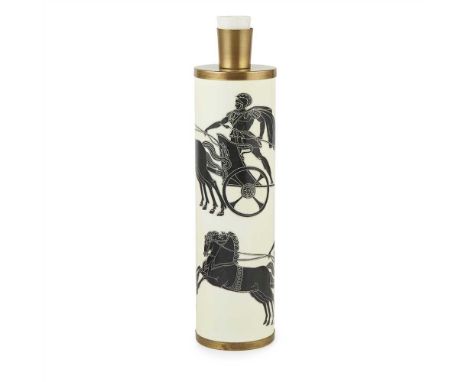 With printed lithographic design depicting two racing chariots, with maker's paper label to base 'FORNASETTI/ MILANO', cerami