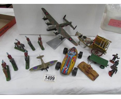 A mixed lot including model fighter plane, horse and cart, lead soldiers etc