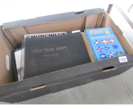A collection of books on ships including 'Old Time Ships' by John R Stevens and 'Churchill's Navy' by Brian Lavery