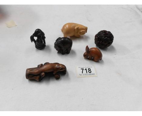 6 carved wood netsuke