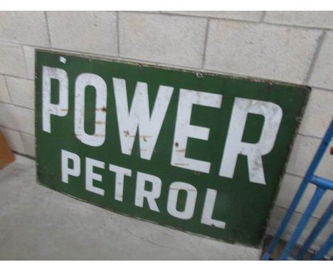 A large enamel 'Power Petrol' sign