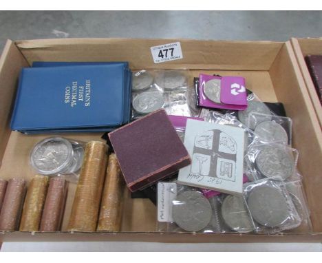 6 first decimal sets, 60 crowns and 50p pieces and rolls of modern coinage
