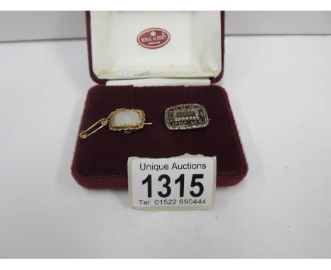2 Georgian brooches, one gold set with pearls and enamel, second set with mother of pearl with safety chain