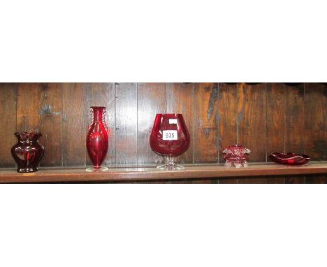 4 items of ruby glass and a Victorian cranberry glass salt