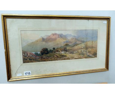 A watercolour rural landscape featuring hills (possibly Welsh) initialled A M C (glass a/f)