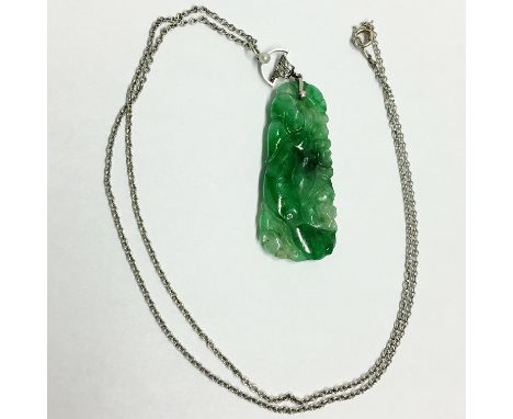 A Chinese grade A apple green jadeite jade necklace mounted with one button pearl and 6 rose cut colourless stones on a penda